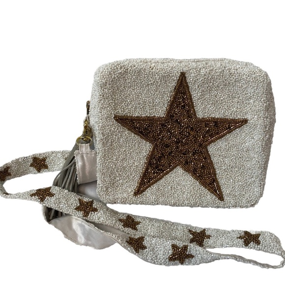 Tiana Beaded White with Gold Star Beaded Bag with Cross Body Strap - Picture 1 of 13